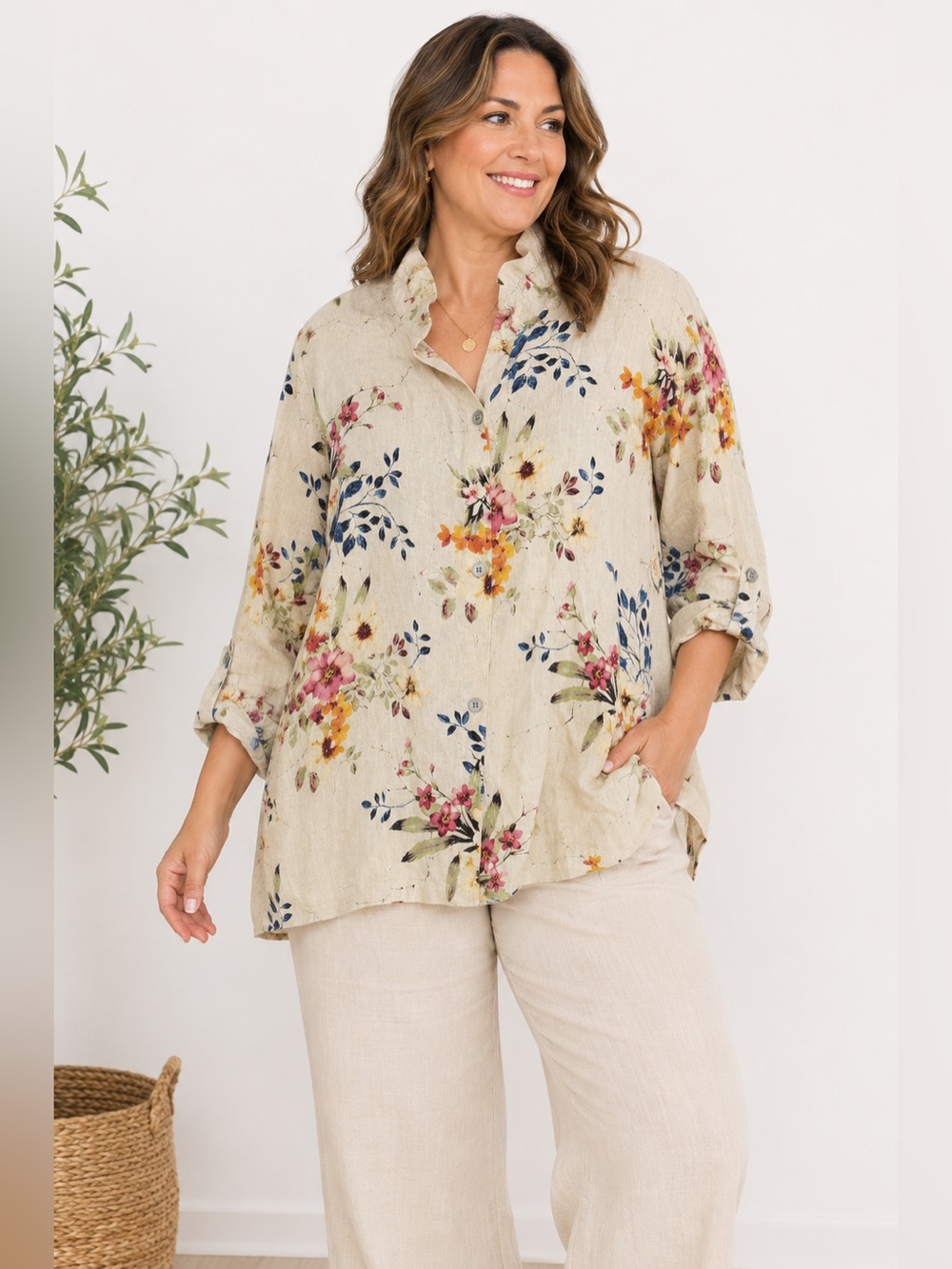 John Mark Shirt Womens 3X Linen Floral Button Front Tunic Boho Lagenlook